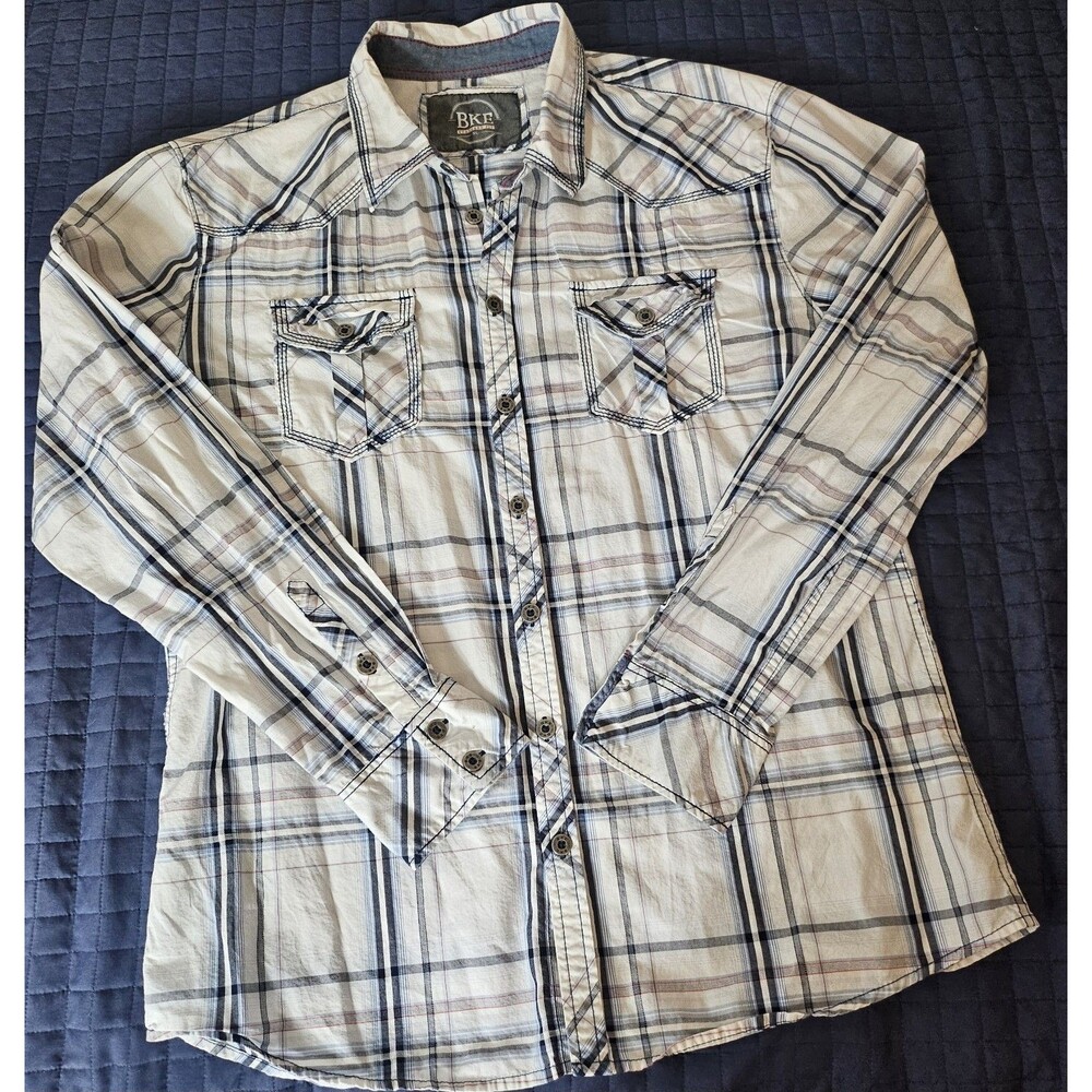 BKE Mens XL Plaid Button Down Shirt‎ Heavy Contrast Stitch Western Yoke Cotton